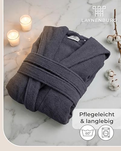 LAYNENBURG Men's Terry Towelling Bathrobe Made of 100% Cotton – Oeko-Tex Standard – Soft Dressing Gown Calf Length with Hood, Tie Belt and Patch Pockets – Ideal for Sauna and Home (M-XXXL)