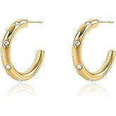 Gold Cubic Zirconia Hoop Earrings for Women 14K Gold Plated Thin Hoop Earrings Sparkly CZ Simple C Shaped Tube Open Hoop Statement Earrings Lightweight Trendy Summer Beach Jewelry Gift for Women