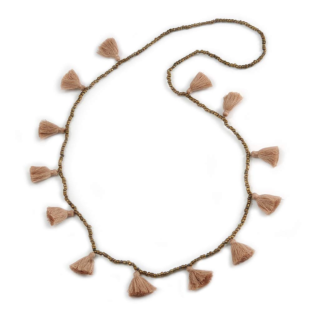 Avalaya Bronze Glass Bead with Taupe Tassel Long Necklace/Boho Style/ 96cm L