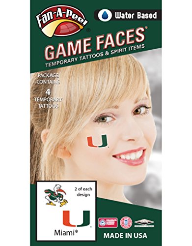 University of Miami (UM) Hurricanes â€“ Water Based Temporary Spirit Tattoos â€“ 4-Piece â€“ 2 Sebastian Ibis & 2 Green/Orange/White U Logo