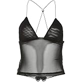 Women Mesh Spaghetti Strap Cami Tank Top Butterfly Backless Halter Top Sheer Y2K Camisole See Through Going Out Clubwear