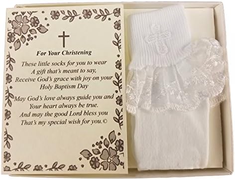 Wedding Collectibles Christening Dedication Keepsake Gift Poetry Baby Girl Socks with Ruffled Anklet Lace Embroidered Cross Design (Size: Age 1-2)