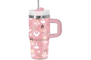 Ballet Tumbler with Handle for Kids 14oz, Insulated Stainless Steel Pink Ballerina Girls Mug Cup, Ballet Gifts for Girls Teen
