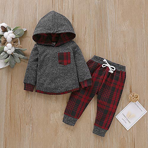 Kids Toddler Infant Baby Boys Girls Fall Outfit Plaid Pocket Hoodie Sweatshirt Jackets Shirt+Pants Winter Clothes Set