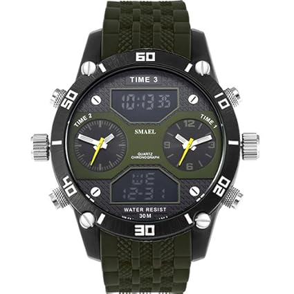 SMAEL Three Time Display LED Digital Display Waterproof Chronograph Sports Wrist Watch for Men - 1159, Black and Army Green