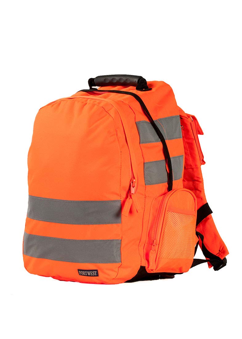 Portwest B905 Hi Vis Safety Backpack 25L Reflective Work Rucksack with Phone Pocket Padded Straps EN ISO 20471 Durable 600D Polyester High Visibility, Orange
