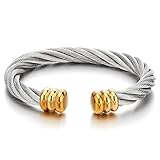 Mens Womens Large Elastic Adjustable Steel Twisted Cable Cuff Bangle Bracelet Silver Gold Two-Tone