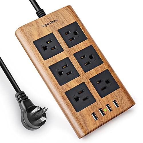 15A Surge Protector Power Strip, SUPERDANNY 10ft Black Extension Cord 6 AC Outlet 4 USB Ports Smart Charging 110-240V Flat Plug with Fastening Cable Tie for iPhone iPad Home Office, Dark Wood Grain