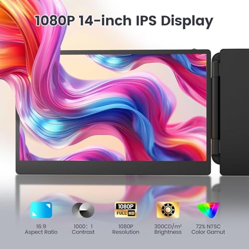 Teamgee 14" Full HD Portable Monitor for Laptop With Dual Speakers & Flexible Kickstand, Plug-Play Screen Extender Fits 13"-17" Laptops of Wins/Mac/Dex/Android