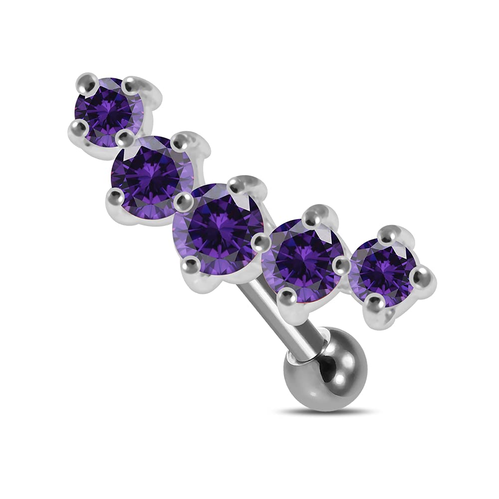 AZARIO LONDON Purple 5 CZ Stones in Curve Shaped Sterling Silver Tragus Cartilage Helix Piercing - Sold by Piece