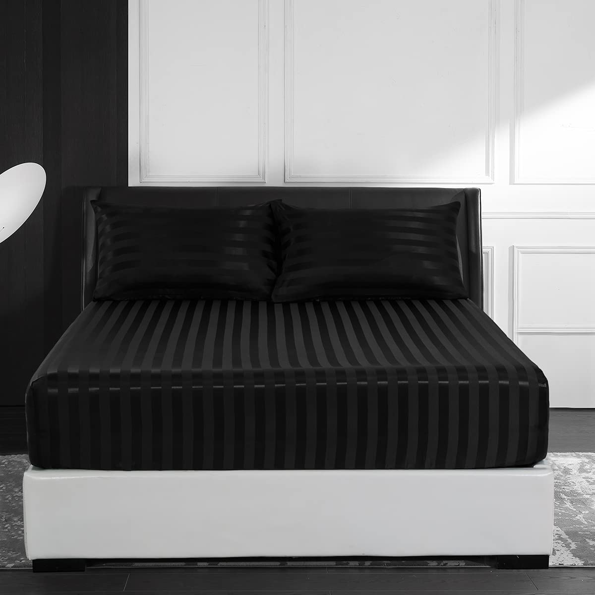 DuShow Satin Fitted Sheet,Stripe Silky Deep Pocket Satin Bed Sheets,Breathable Satin Sheets King,Fitted Sheet Only(Black,King)