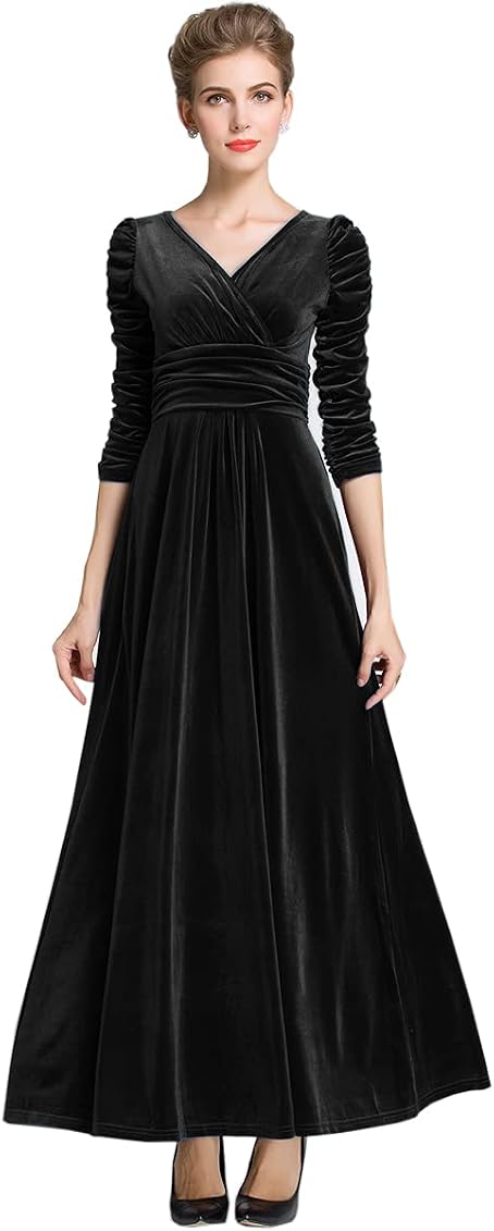 Long Sleeve V Neck Velvet Maxi Dress 