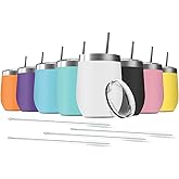 Deitybless 8 Pack 12 oz Stainless Steel Wine Tumbler with Lids, Double Wall Vacuum Insulated Travel Cup Including 8 Straws Set for Coffee, Cocktail, Drink, Tea and Beer (Assorted Colors)