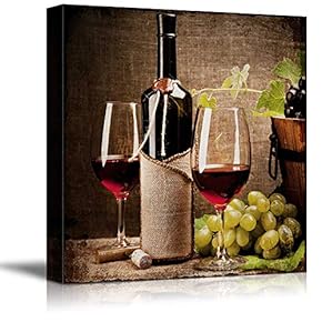 Square Canvas Wall Art - Glasses of Wine with Wine Bottle and Grapes - Giclee Print Gallery Wrap Modern Home Art Ready to Hang - 12x12 inches