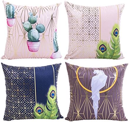 sykting Pillow Shams Couch Pillow Covers Gold Foil Cushion Covers 18 x 18 Set of 4 (Cactus,Feather,Bird)