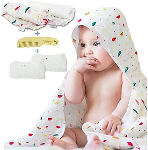 Muslin Swaddle Blankets Unisex - Organic Cotton Blankets White 47" x 47" - Infant Wrap Set with Comb and Bamboo Washcloths - Designed for Newborn, Girl & Boy