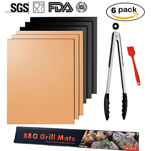 SMART HOME CHEF Copper Grill Mat Set of 6 - Non-stick BBQ Grill & Baking Mats - FDA Approved, PFOA Free, Golden Grill Mats & Bake Mats Reusable & Easy to Clean - grill mat serve kitchen & Outdoor (6)