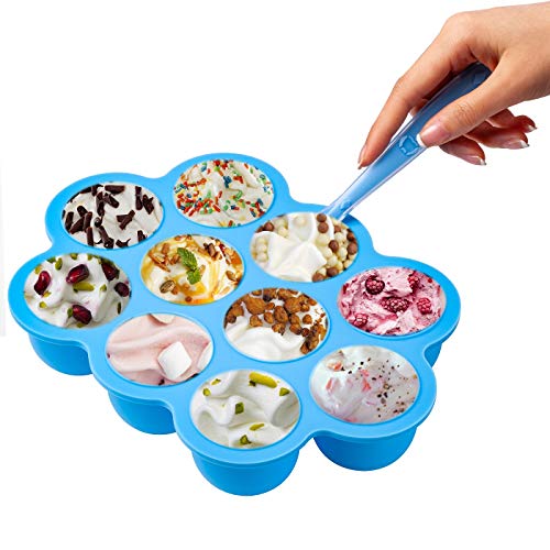 FERMINI-Food-Freezer-Tray-and-Food-Storage-Container-with-Silicone-Clip-on-Lid-Easy-OutStorage-Container-1-Spoon-for-Homemade-Baby-Food-Vegetable-Fruit-Purees-and-Breast-Milk-Blue