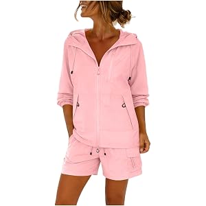 2 Piece Sets for Women Summer Uv Protection Sun Shirts Drawstring Shorts Suit Long Sleeve Jacket Hoodie Hiking Set