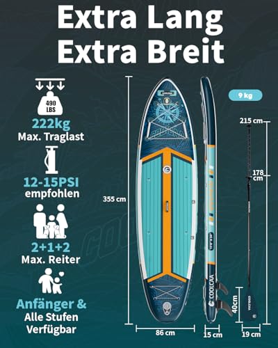 COOLCAA SUP Board, 355 cm (Extra Large) Stand Up Paddling Board, Inflatable Stand-Up Paddle Board with 86 cm Extra Wide, Fishing Paddleboard with Accessories & Carry Bag for Adults, 222 kg