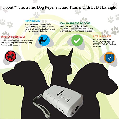 Hoontâ„¢ Electronic Dog Repellent and Trainer with Flashlight / Powerful Ultrasonic Dog Deterrent and Bark Stopper + Dog Trainer Device / Protect Yourself + Train Your Dog [NEW POWERFUL VERSION]