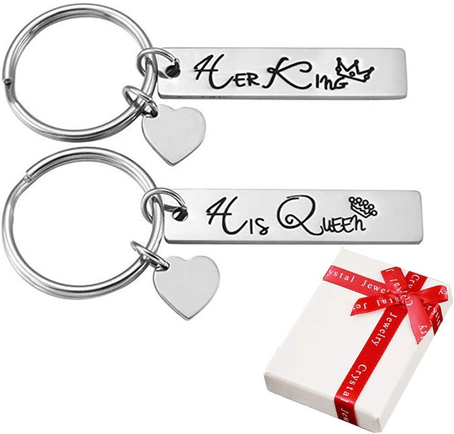 Pair of Couple Keyrings with Engraving His Queen and Her King Crown