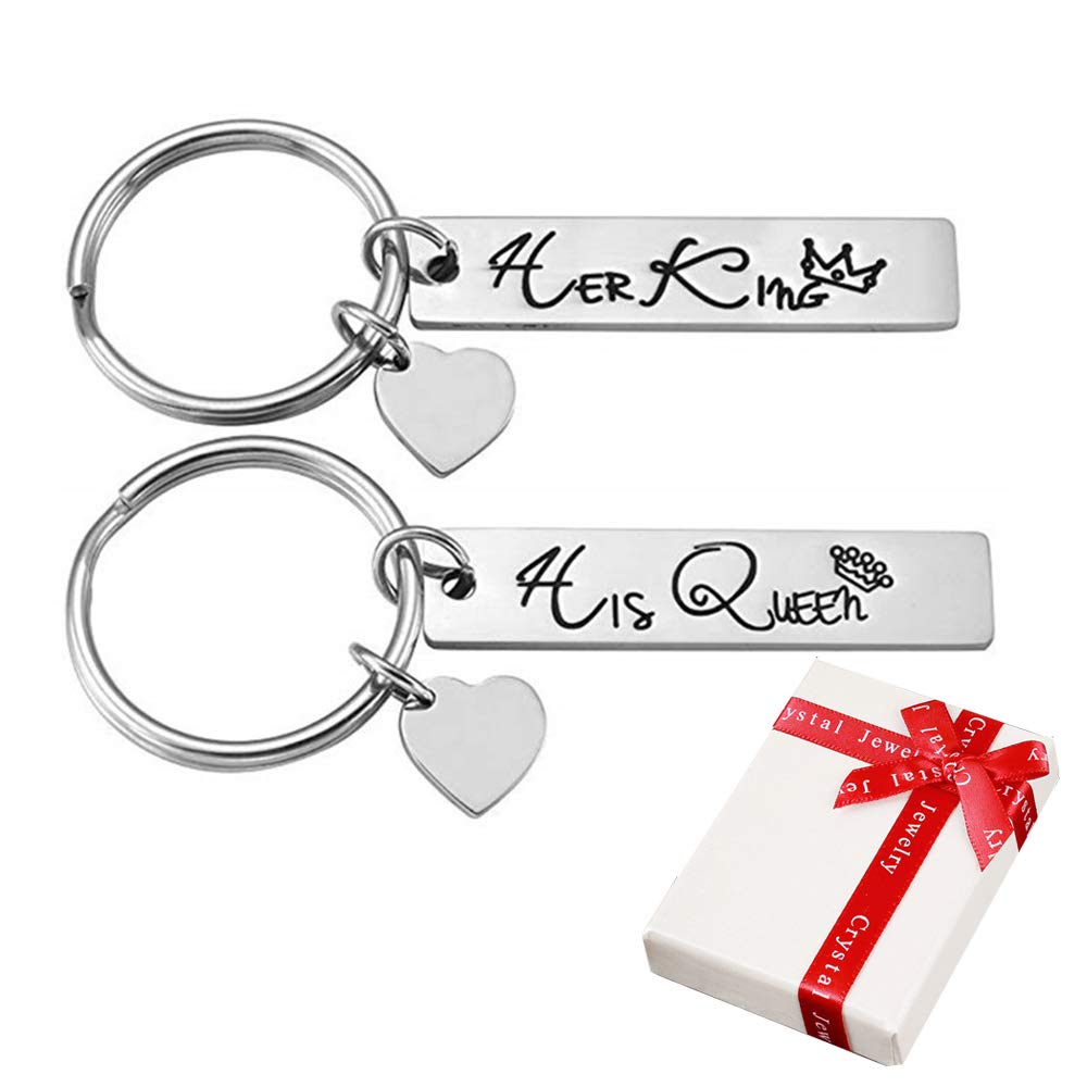 Pair of Couple Keyrings with Engraving His Queen and Her King Crown, Memorial Stainless Steel Smooth Rectangular Leaning Heart Pendant Silver Keyring for Couple Friend Valentine's Day Ges