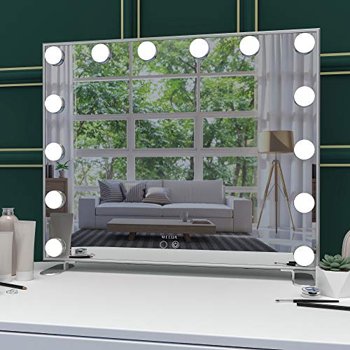 Melur Hollywood Makeup Mirror with 14 LED Lights,Touch Control Large Cosmetic Vanity Mirror with Dimmable Bulbs, Aluminium Frame Tabletop or Wall Mounted Vanity Mirror in Silver