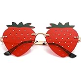 JOVAKIT Strawberry Shaped Sunglasses for Women Men Vintage New Rimless Sun Glasses Retro Rave Party Halloween Eyeglasses (Gold/Red)