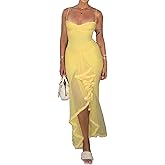 LETSVDO Women's Mesh Ruffle Maxi Dress Bodycon Ruched Corset Spaghetti Strap High Low Irregular Hem Sexy Party Dresses