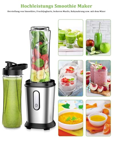 Mixer, 500 W Mini Stand Mixer & Smoothie Maker with 2 x 600 ml Bottles, BPA-Free Tritan, Portable Mixer Smoothie Maker Made of Stainless Steel, 4 Sheets for Shake, Smoothie, Silver and Black