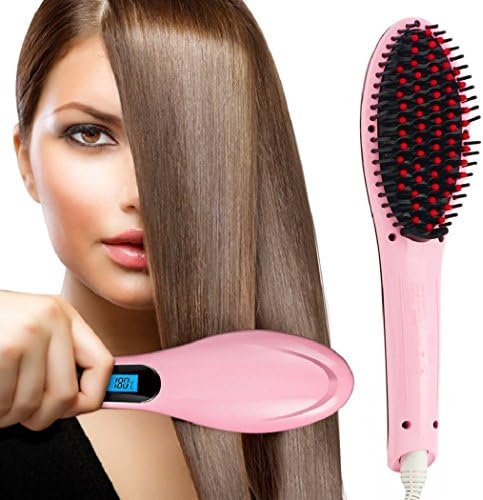 PrettyFirst Hair Straightener Brush,Massager Straightening Irons Instant Magic Silky Straight Hair Styling, Heating Detangling Hair Comb (Pink)
