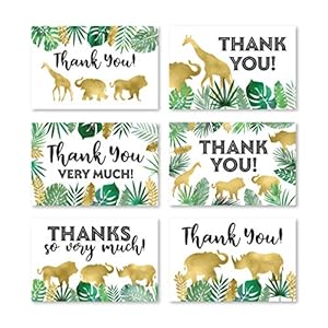 24 Safari Thank You Cards With Envelopes, Kids or Baby Shower Thank You Note, Jungle Greenery Gold 4×6 Varied Zoo Animal…