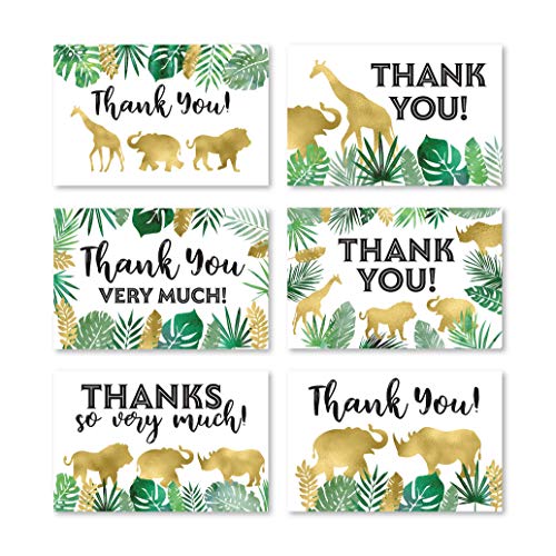 24 Safari Thank You Cards With Envelopes, Kids or Baby Shower Thank You Note, Jungle Greenery Gold 4×6 Varied Zoo Animal…