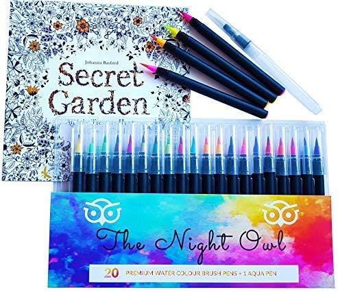 Real Brush Pens set-20 Watercolours Pens Bullet Journal, Calligraphy Real Brush Tip Markers +FREE Colouring Book & Water Blending Brush for Adults, Kids, Artists, Beginner-Paint Set by THE NIGHT OWL