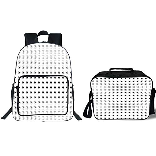 iPrint 19" School Backpack & Lunch Bag Bundle,Geometric,Squares with Inner Circles Abstract Minimalist Mathematical Curves Pattern,Grey White Black,for Boys Girls