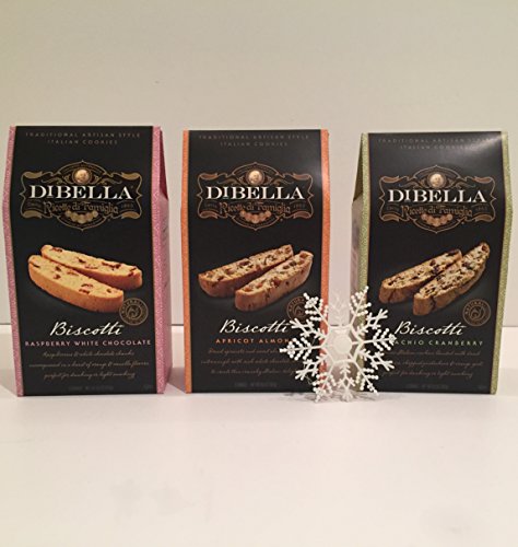 DiBella Gourmet Traditional Artisan Style Italian Biscotti Cookies Variety Bundle: 1-Raspberry White Chocolate 1-Pistachio Cranberry 1- Apricot Almond+A Free Set of 12 Snowflakes by Xmas Deco(4 Items)