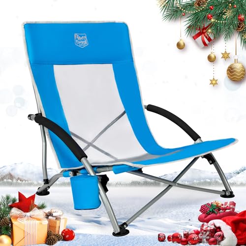 TIMBER RIDGE Low Folding Beach Chair, Folding Lightweight Camping Chair with Mesh High Backrest 150kg Capacity Carry Bag & Padded Armrest for Garden Outdoor BBQ Travel Picnic (1 PC-BLUE) — image 1