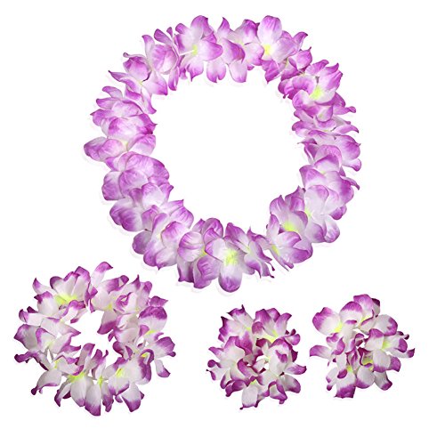 Hawaiian Flower Leis Jumbo Necklace Bracelets Headband 4 Pcs Set for Hawaiian Luau Party Decoration Supplies (Purple)