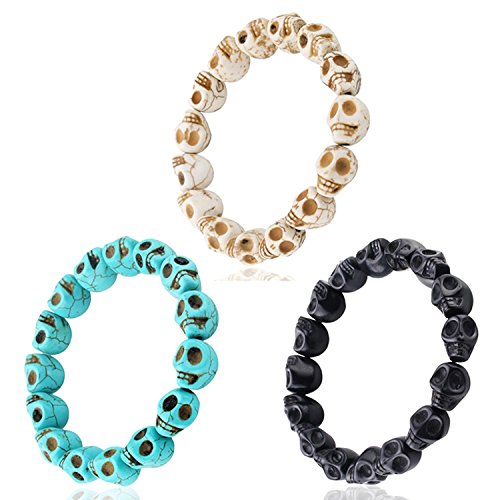 JewelrieShop Skull Bracelet Colorful Howlite Synthetic Turquoise Skeleton Tibetan Prayer Bead Mala Bracelet for Men…