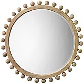 Eden Home 35" Round Coastal Sunburst Wood Mirror with Small Balls, Hand Carved, for Bedroom, in Natural Finish