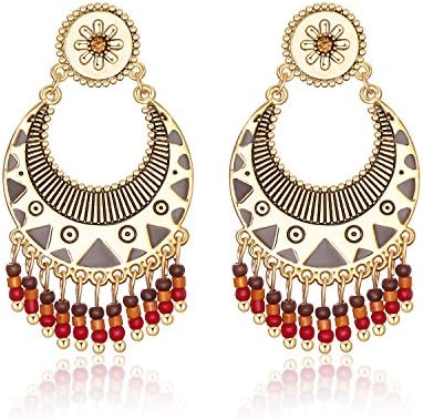Beaded Earrings Bohemian Magnetic Tassel Dangle Circle Earrings for Women Girl (Gold Colors)