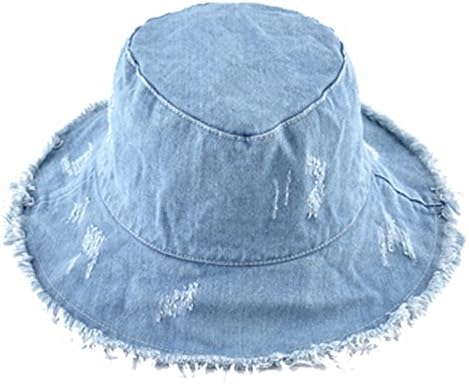 Zachaomero Sun Hats for Women Cap Washed Denim Bucket Hat Wide Brim Tassel Beach Caps Cotton Bone Sky Blue