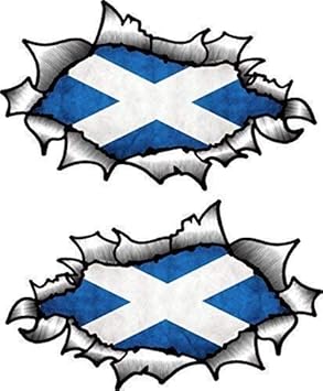 photo Ripped Metal Effect small handed pair of oval ripped open torn metal effect design with scotland scottish saltire flag vinyl motorbike helmet sticker 85x50mm each