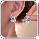 Aneneiceera Vintage Cz Bow Moonstone Earrings Round Moonstone Dangle Earring Opal Gemstone Drop Earring Retro Crystal Bow Stud Earrings Jewelry for Women