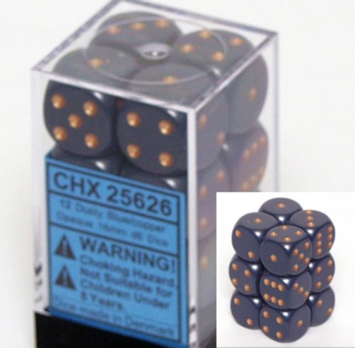 Chessex Dice d6 Sets: Opaque Dusty Blue with Copper - 16mm Six Sided Die (12) Block of Dice
