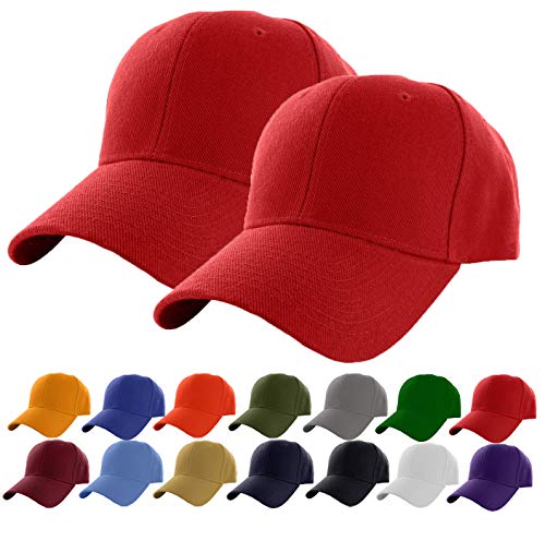 Set of 2 Red Plain Adjustable Baseball Cap Classic Adjustable Hat Men Women Unisex Ballcap 6 Panels (Red -2Pack)