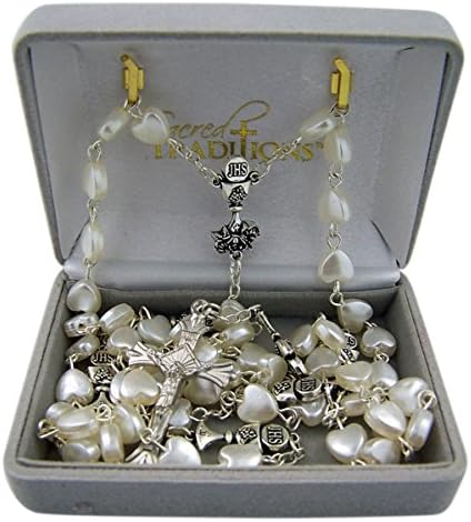 First Prayer Bead Rosary - White Heart with Silver Toned IHS Chalice Centerpiece for Communion, 24 Inch