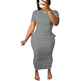 Women's Casual Short Sleeve Dress T Shirt Bodycon Dresses Ribbed V Neck Maxi Sundress Basic Party Club Dress with Pocket