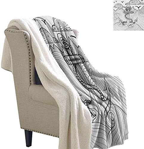 Willsd Anchor Outdoor Blanket Zentangle Style Ocean and Clouds Hand Drawn Artistic Arrangement Marine Theme Washable Shaggy Fleece Blanket Black and White W59 x L78